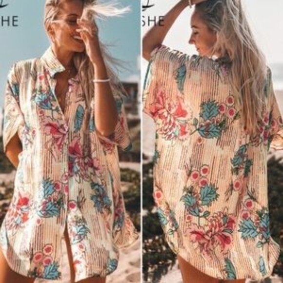 Like New! CUPSHE Floral & Stripe Oversized Swim/Beach Cover-Up Shirt - Picture 1 of 10